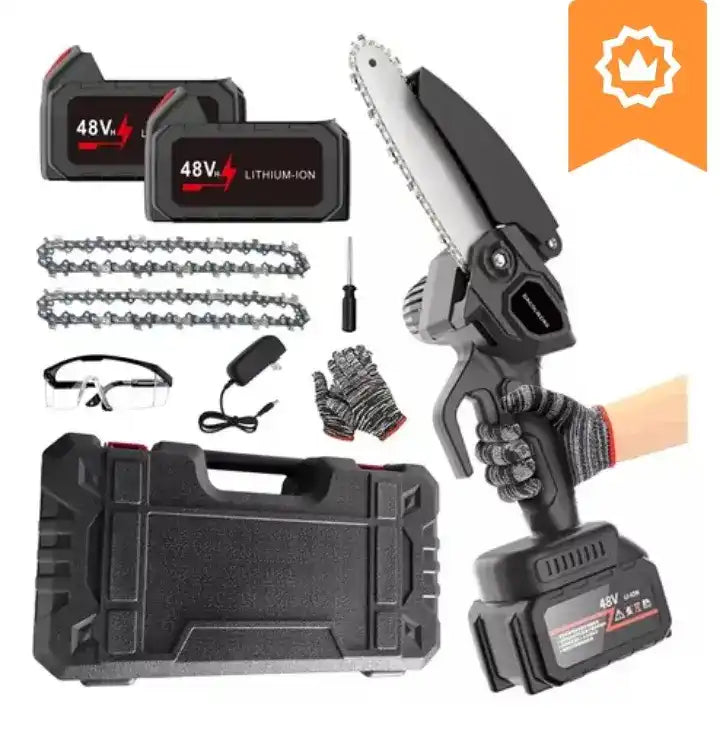 MINI MOTOSIERRA ELECTRICA DE MANO + DOS BATERIAS DE REGALO + UN PAR DE GUANTES Y CARGADOR CARGA RAPIDA